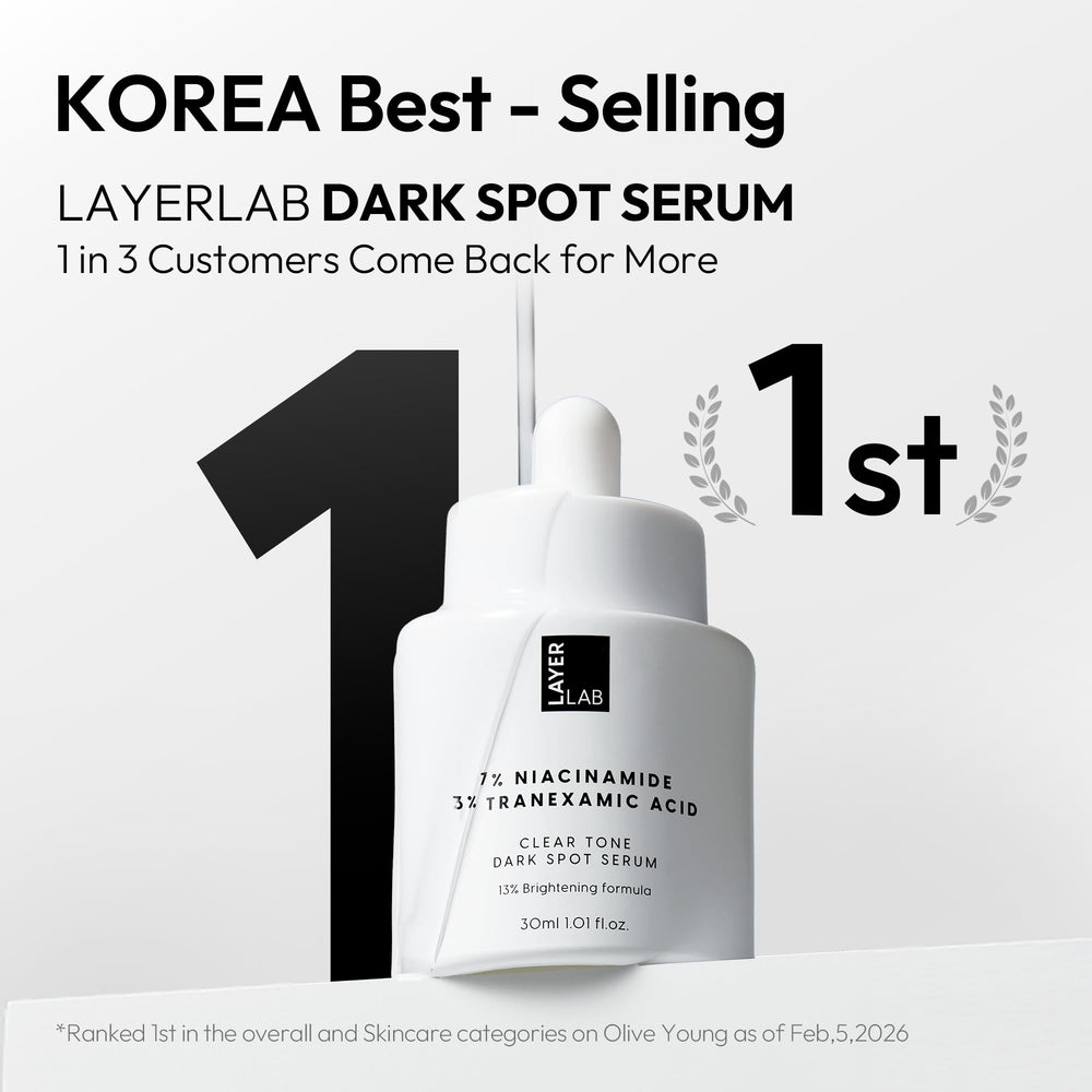 LAYERLAB bottle staged with moisturizer and sunscreen to show routine pairing
