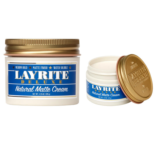Layrite Deluxe Natural Matte Cream travel pot held in hand for easy touchup benefit