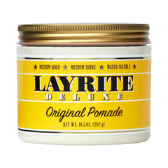 Layrite pomade front jar showing label and size, clear styling information