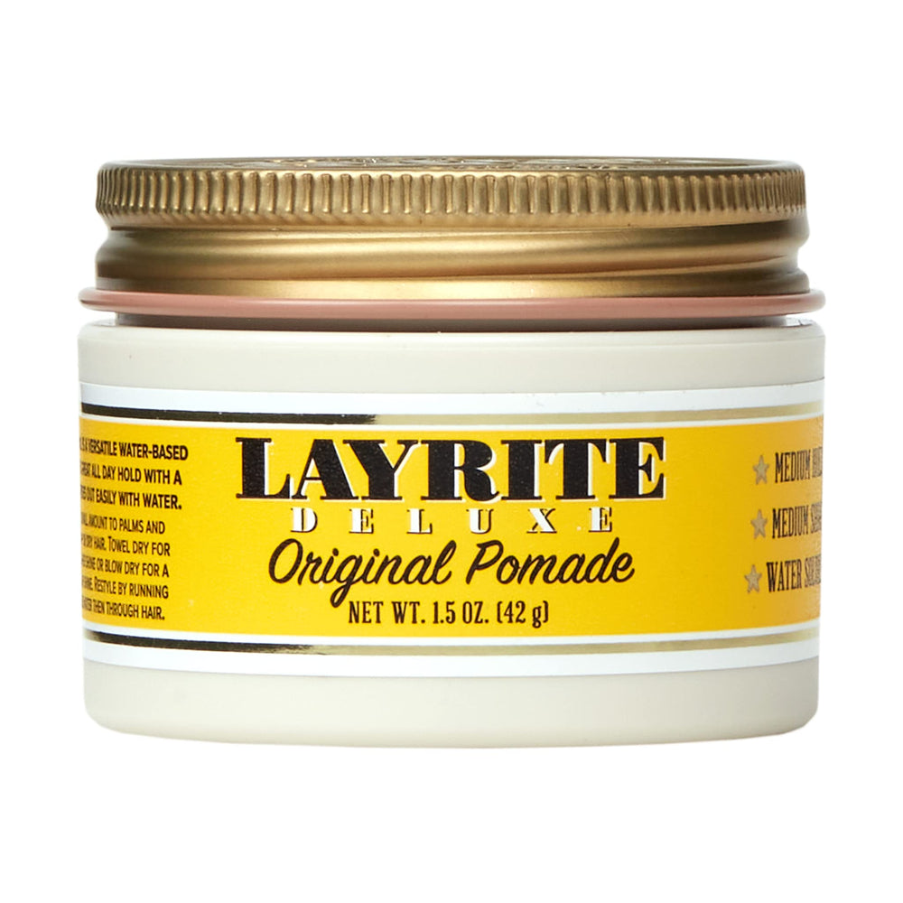 Layrite Original pomade yellow front tin showing label and size for travel-friendly styling