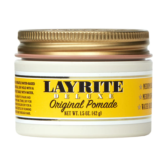 Layrite Original pomade yellow front tin showing label and size for travel-friendly styling
