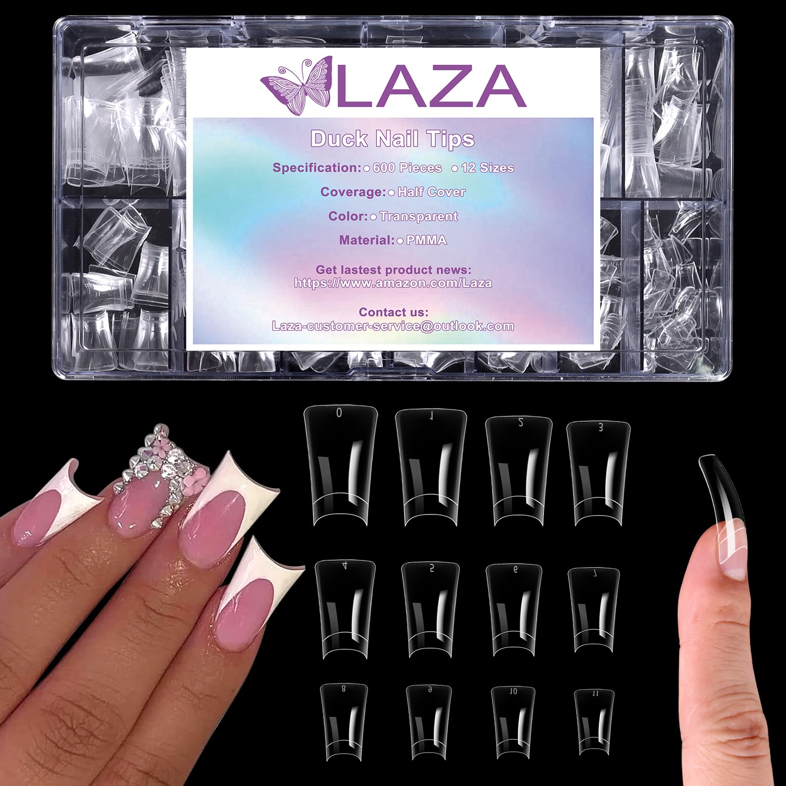 Laza boxed 600pcs clear duck tips showing organized storage and quick selection