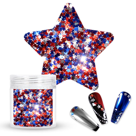 Laza jar of red blue silver star glitters showing mixed colors and shine