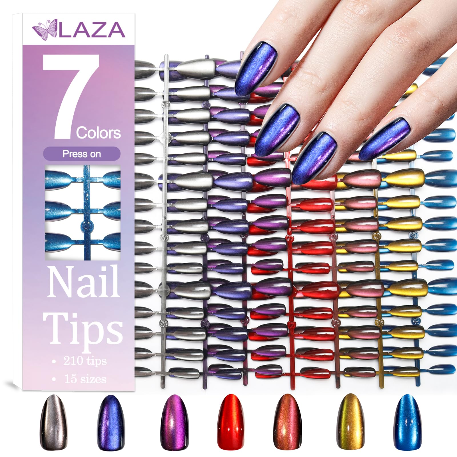Laza front packaging almond cat eye nails showing full kit and variety