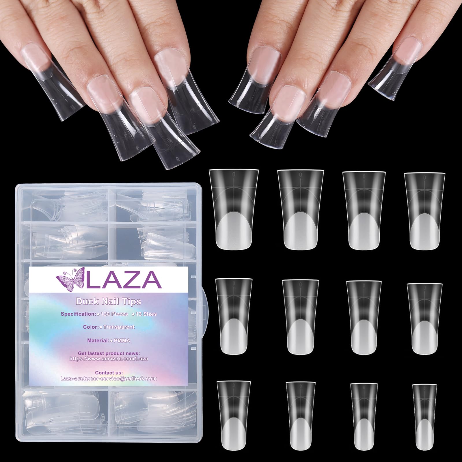 Laza front packaging showing clear duck tips and neat storage, easy selection benefit