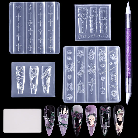 Laza front packaging showing four gothic silicone nail molds and tools for easy crafting