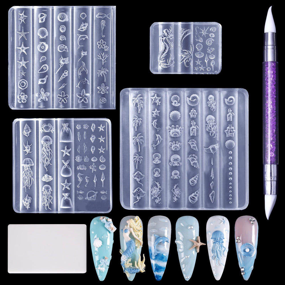 Laza front view of mold set showing ocean shapes and included tools for easy designs