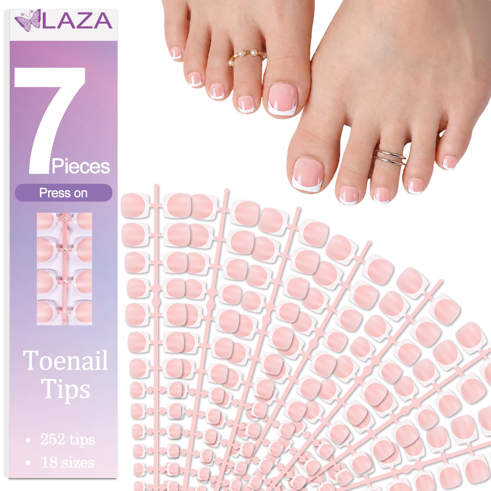 Laza front packaging showing 252-piece toe nail tip set and organized box benefits fast selection