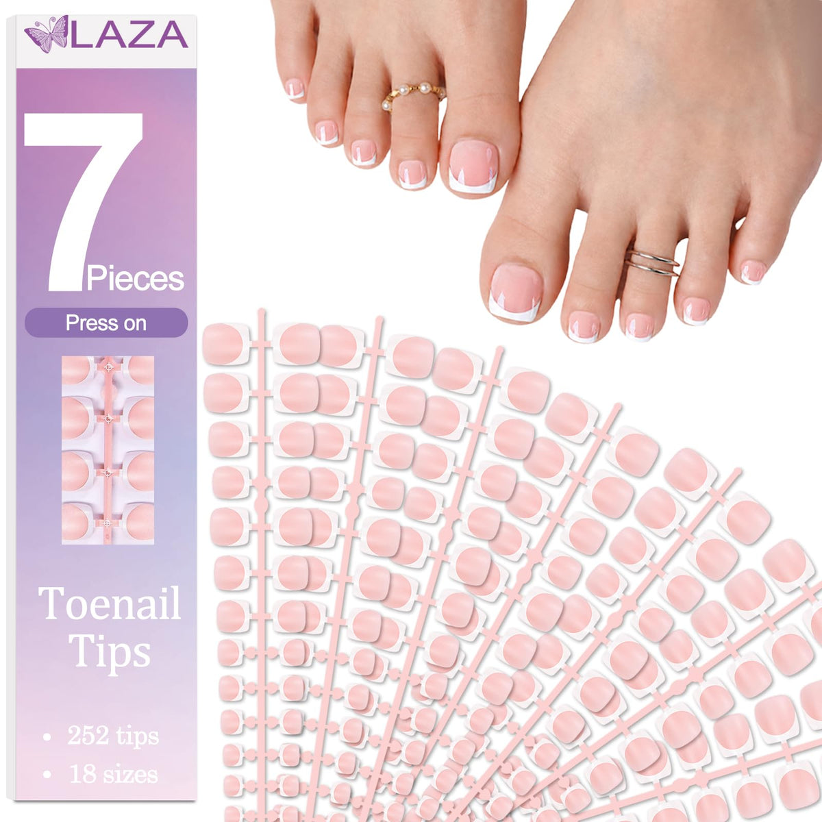 Laza front packaging showing 252-piece toe nail tip set and organized box benefits fast selection