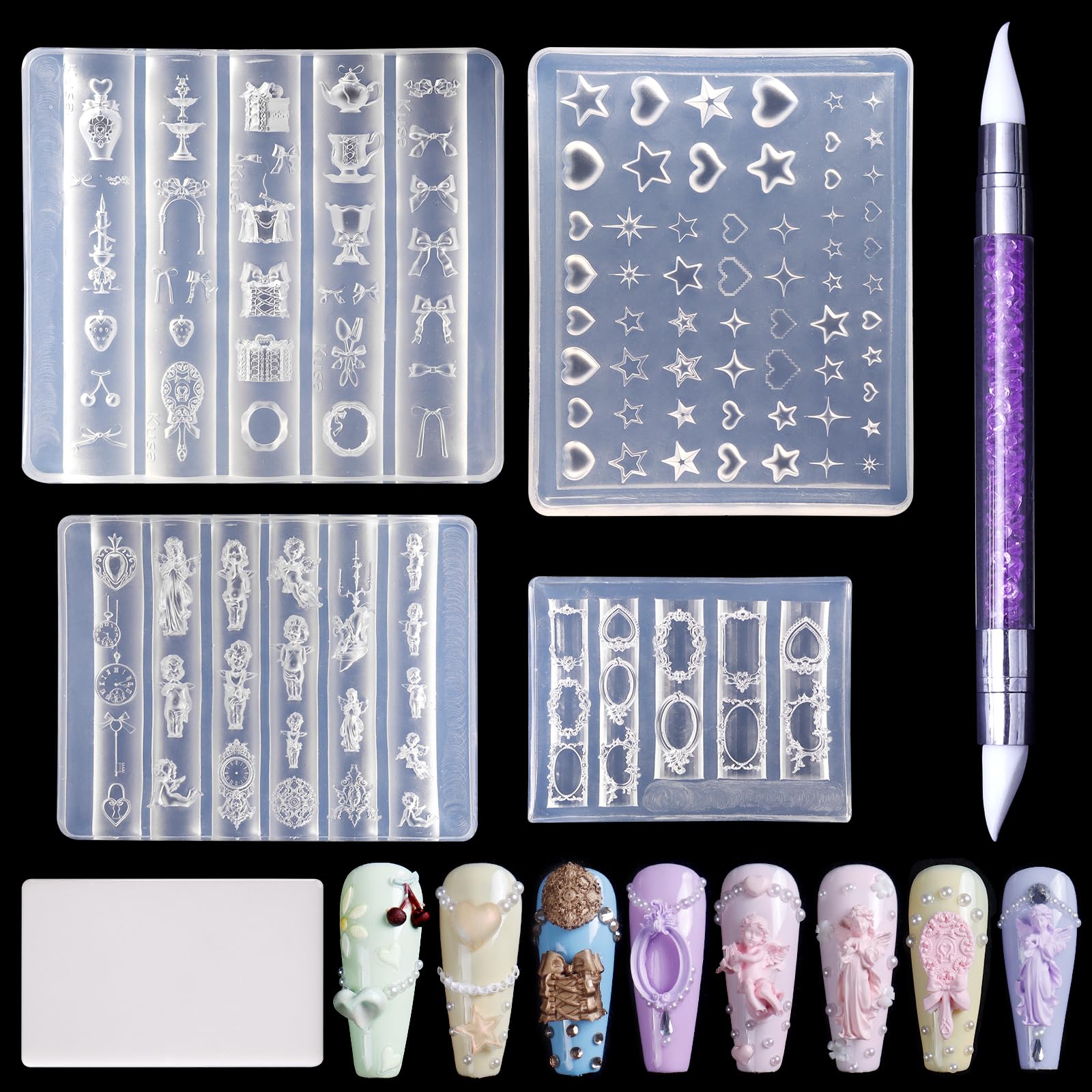 Laza front packaging showing four silicone molds and carving pen for versatile designs