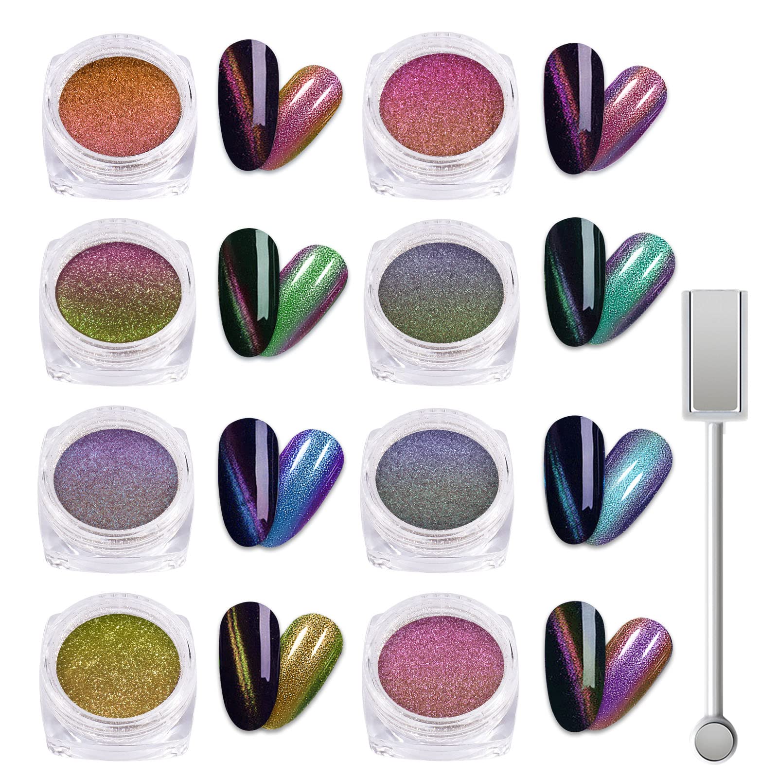Laza front packaging showing eight chameleon powder jars and magnetic stick benefit: colorful options