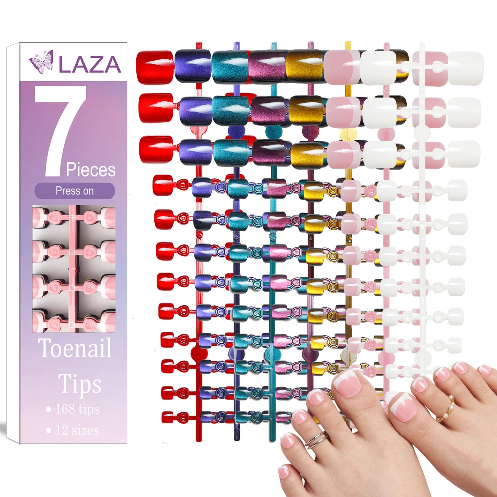Laza front packaging showing 168 press-on toenails and color variety for quick styling