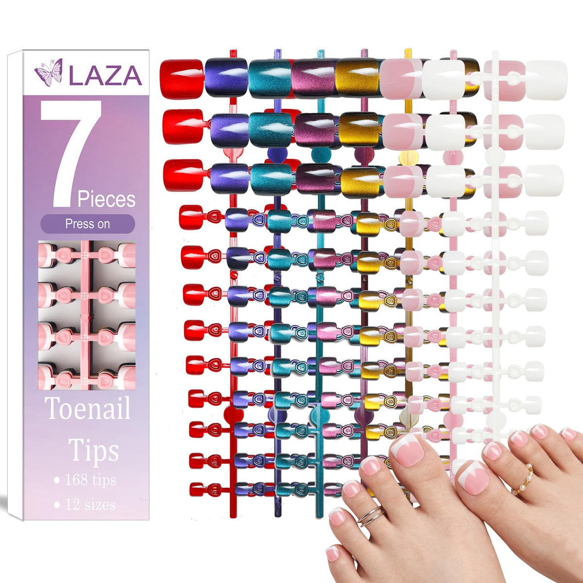 Laza front packaging showing 168 press-on toenails and color variety for quick styling