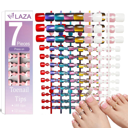 Laza front packaging showing 168 press-on toenails and color variety for quick styling