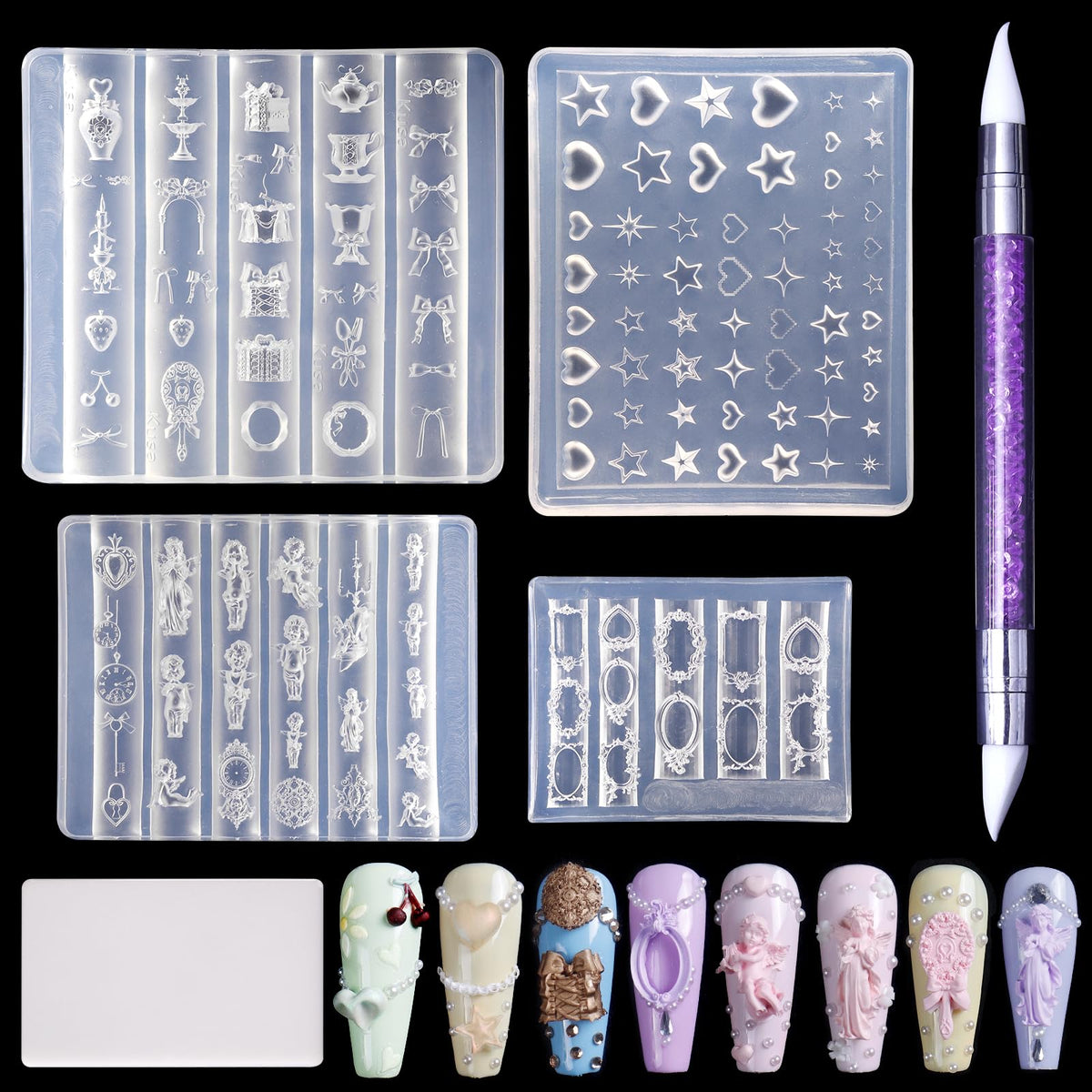 Laza front packaging showing four silicone molds and carving pen for versatile designs