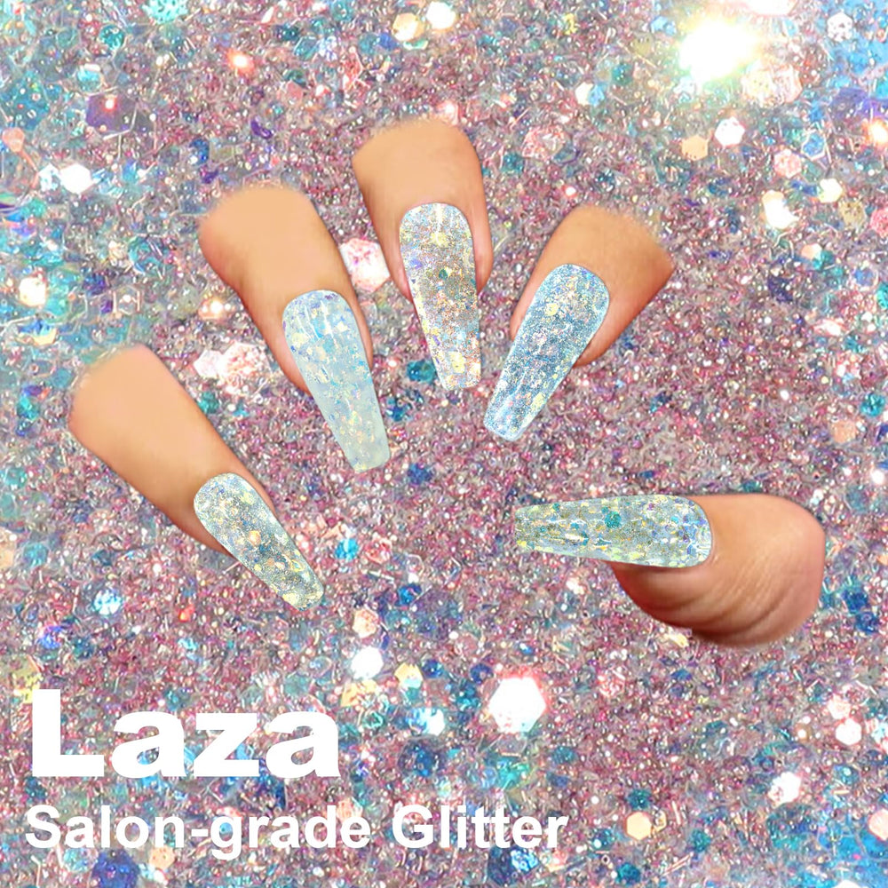 Laza glitter applied on nails showing reflective finish and long-lasting look