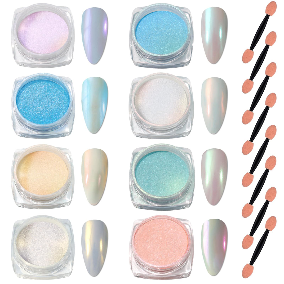 Laza kit front packaging showing eight pearlescent powders and benefits for creative manis