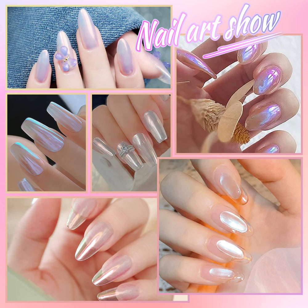 Laza application on cured gel nail illustrating mirror-like aurora benefit