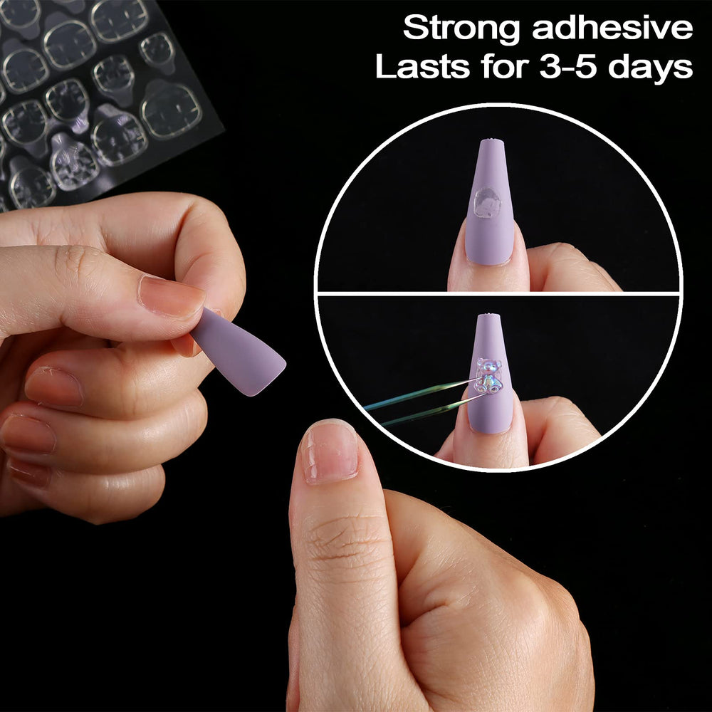 Hand applying press-on nail with Laza double-sided tab for fast manicure