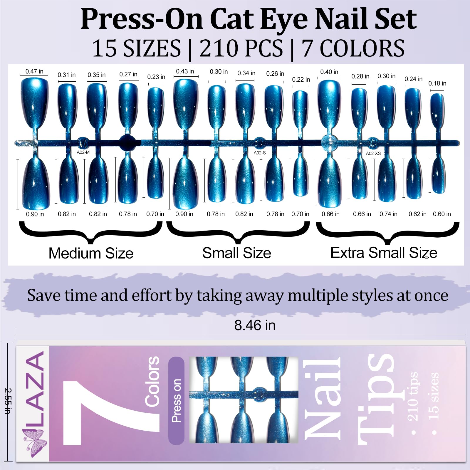 Laza press-on nails next to ruler showing length and scale options