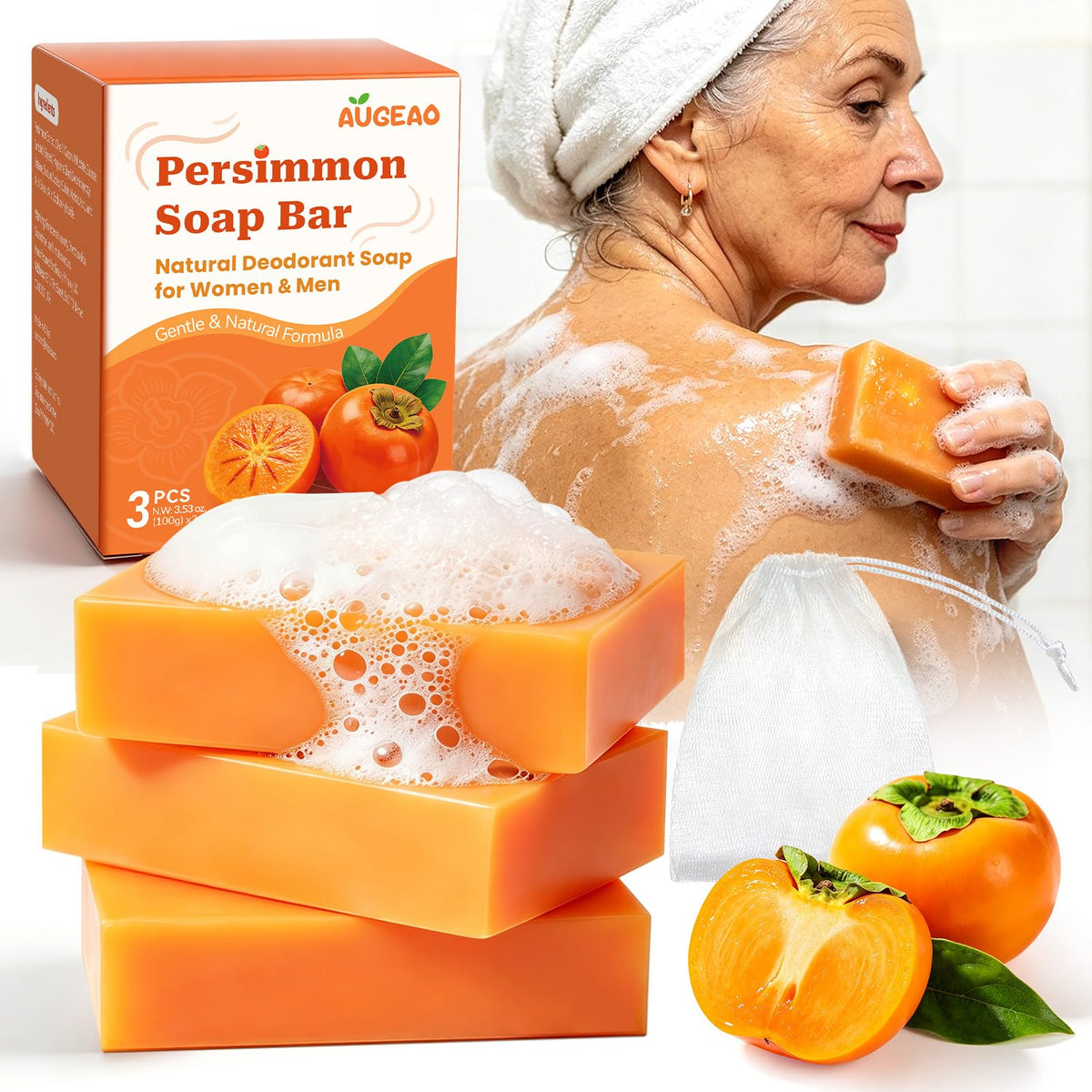 Lazibudgha front packaging showing three persimmon soap bars and recyclable box benefits