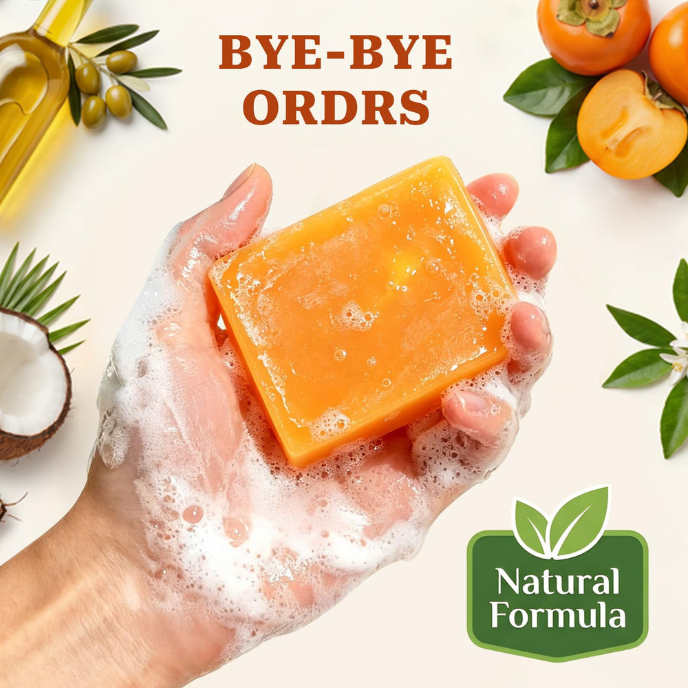 Lazibudgha persimmon soap beside ruler to show full-size bar and lasting value