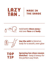 Lazy Tan mist spraying mid-air demonstrating fine even coverage for streak-free results