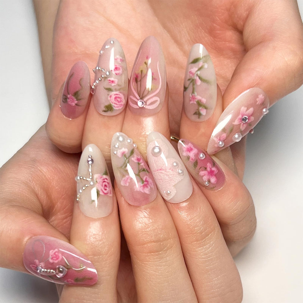 LBPEPAMZ close-up of 3D pearly flowers and rhinestones highlighting decorative shine
