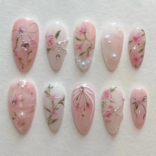 LBPEPAMZ front packaging showing full 24-piece peach blossom nail set and tools for quick wear
