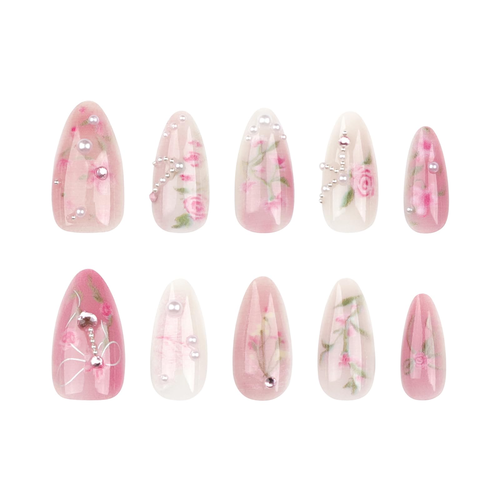 LBPEPAMZ worn on model hand showing glossy pink gradient and flowers for a dressed-up look