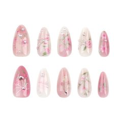 LBPEPAMZ worn on model hand showing glossy pink gradient and flowers for a dressed-up look