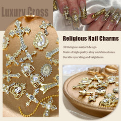 LCiclly gold chains and charms on styled nail, depicts dramatic Y2K manicure result