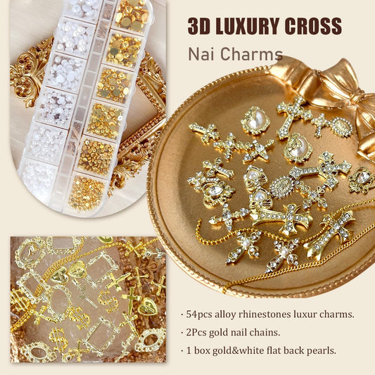 LCiclly close-up of gold cross and Virgin Mary charms, highlights intricate detailing