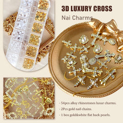 LCiclly close-up of gold cross and Virgin Mary charms, highlights intricate detailing