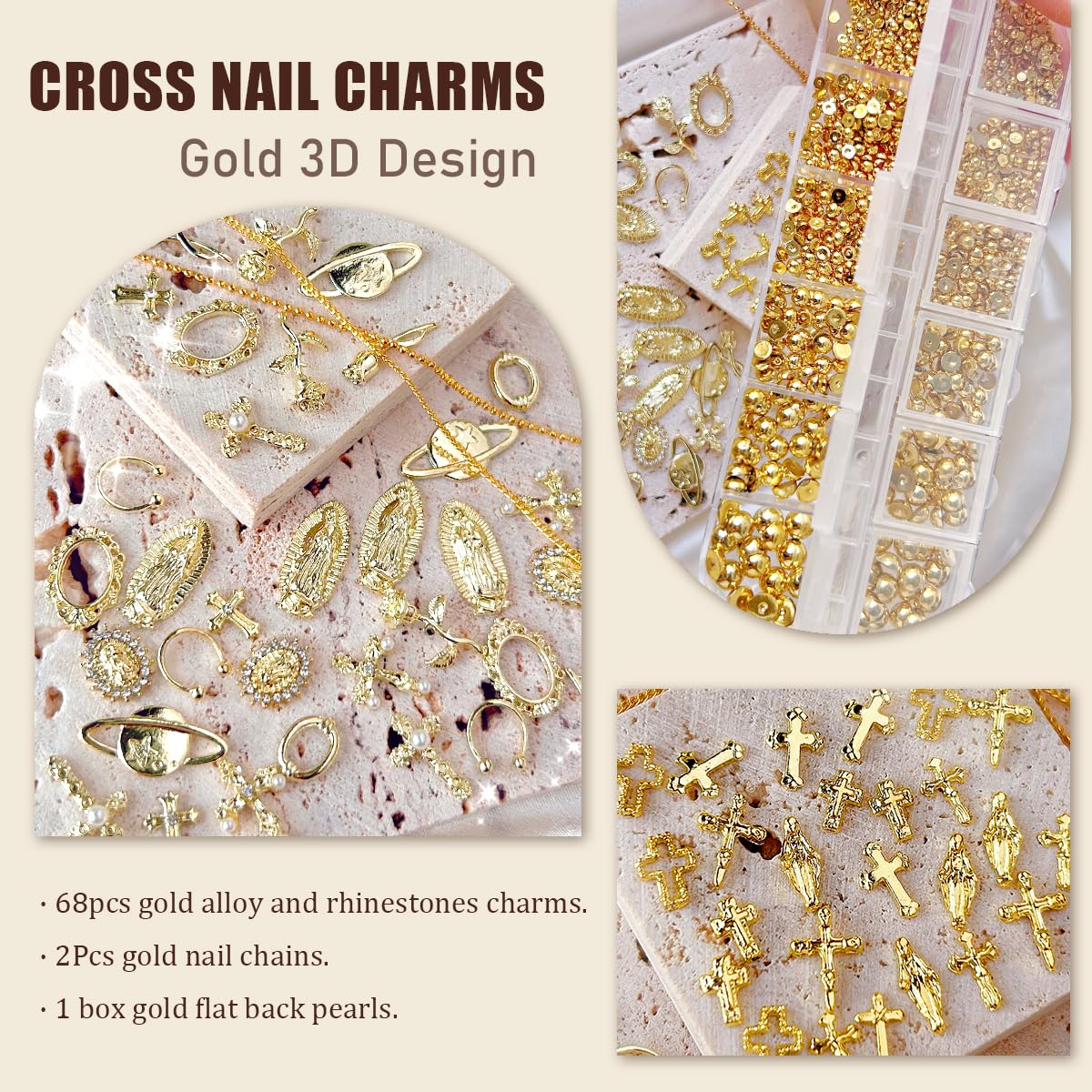 LCiclly close-up of gold 3D cross charm showing detailed relief and shine