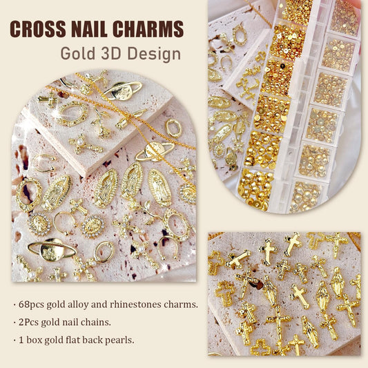 LCiclly close-up of gold 3D cross charm showing detailed relief and shine