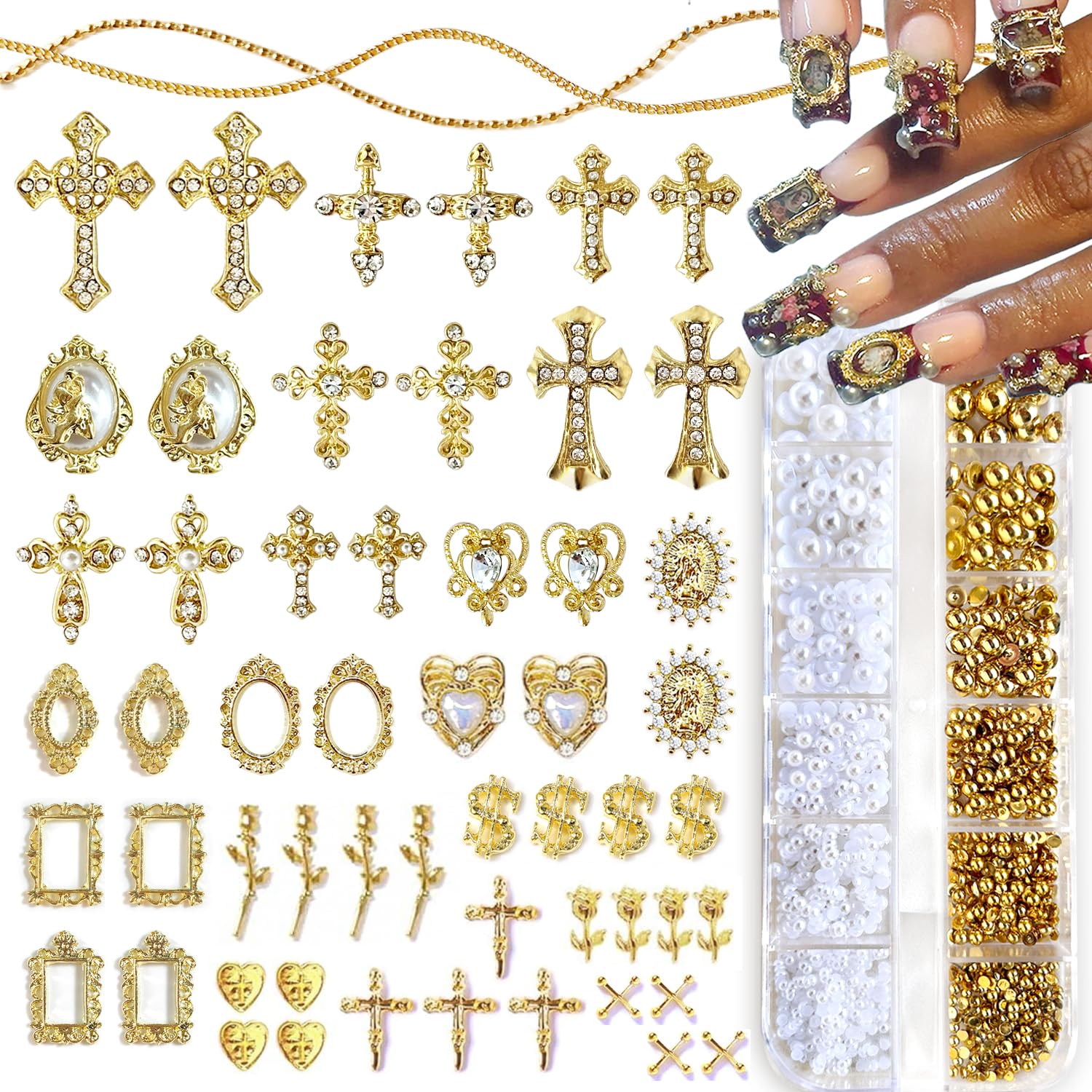 LCiclly front packaging showing gold charm assortment and pearls, displays kit convenience
