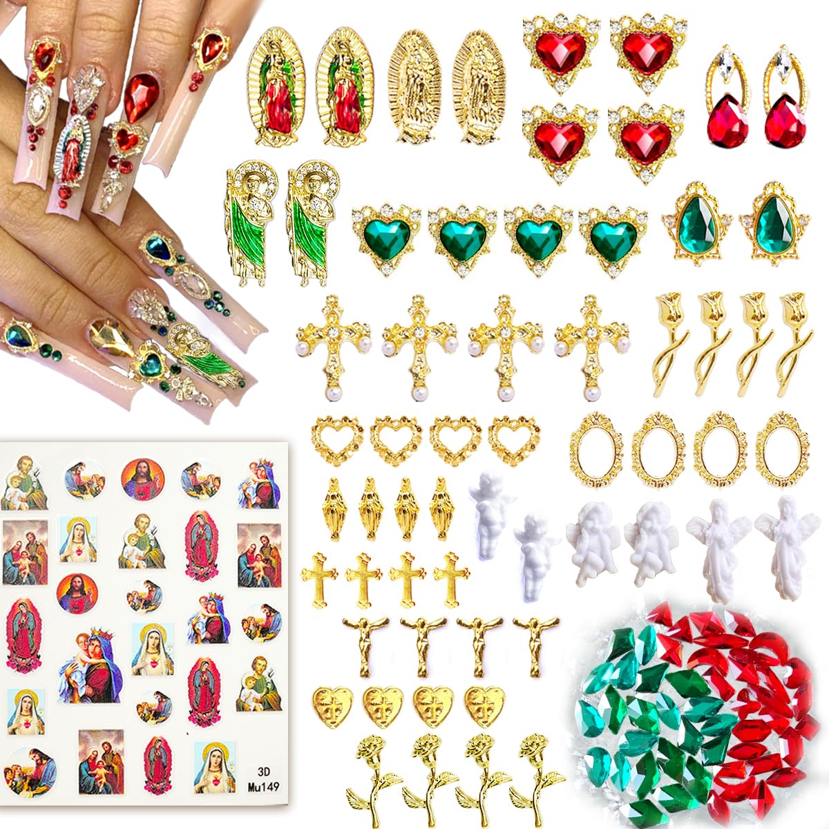 LCiclly front packaging showing 107-piece religious nail charms set benefits variety