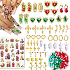 LCiclly front packaging showing 107-piece religious nail charms set benefits variety