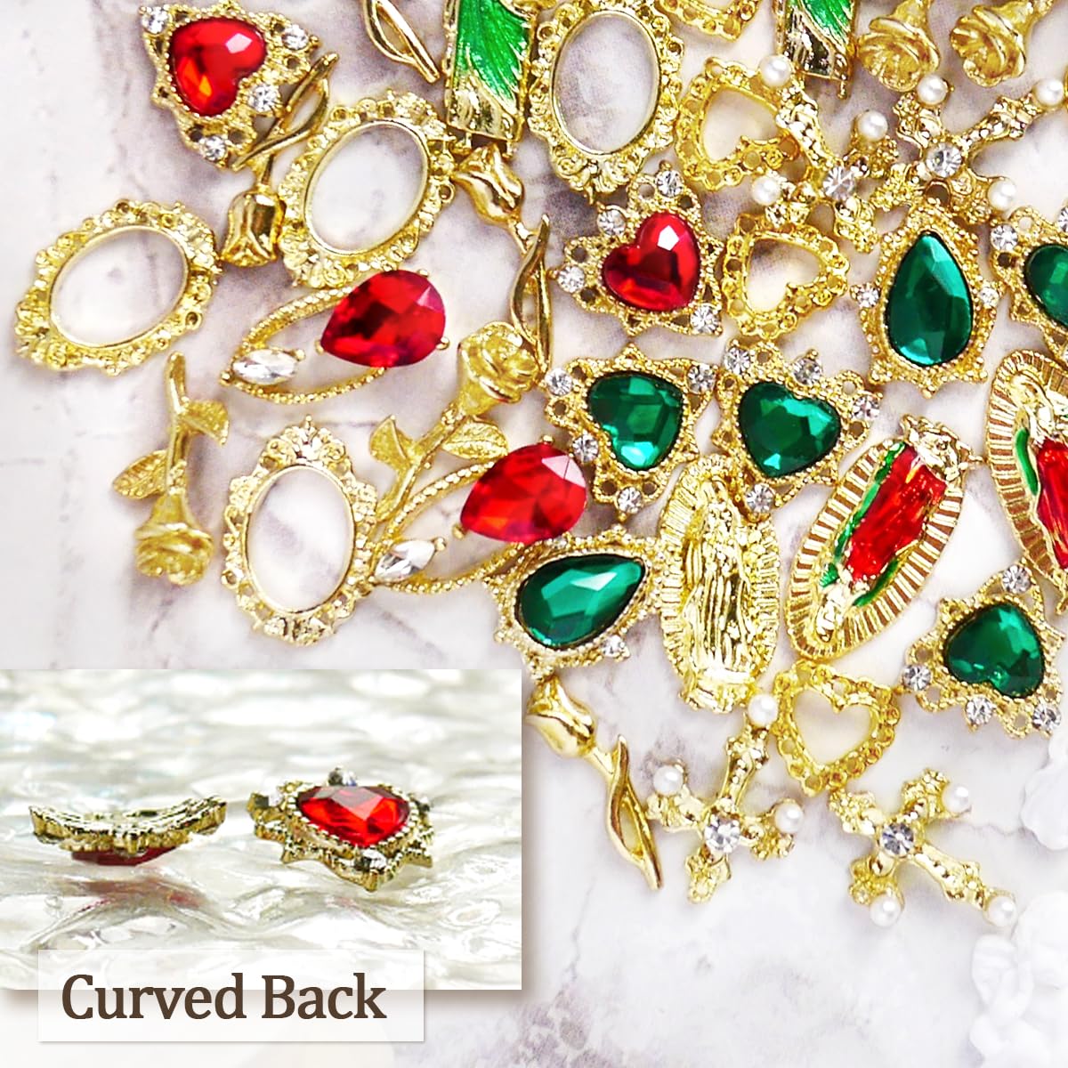 LCiclly holiday manicure setting with charms showing festive red green gold accents