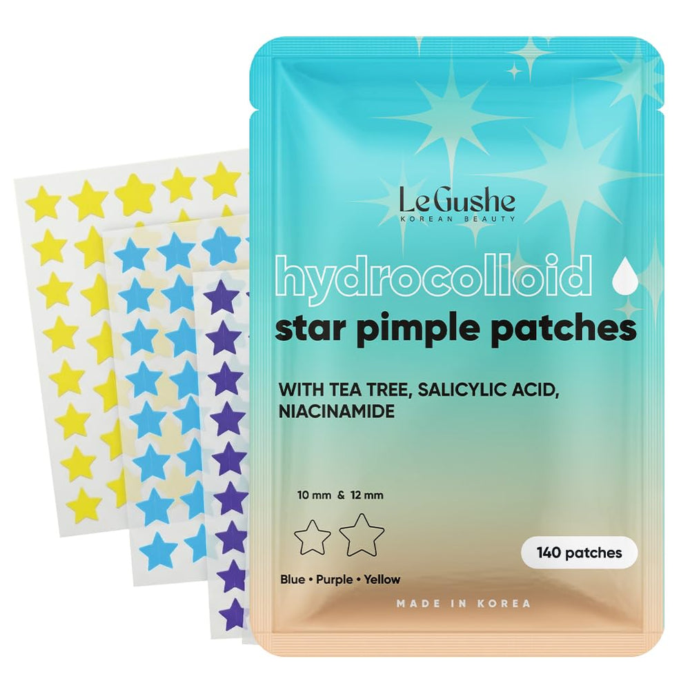 LE GUSHE front packaging showing 140 colorful star patches and ingredient highlights