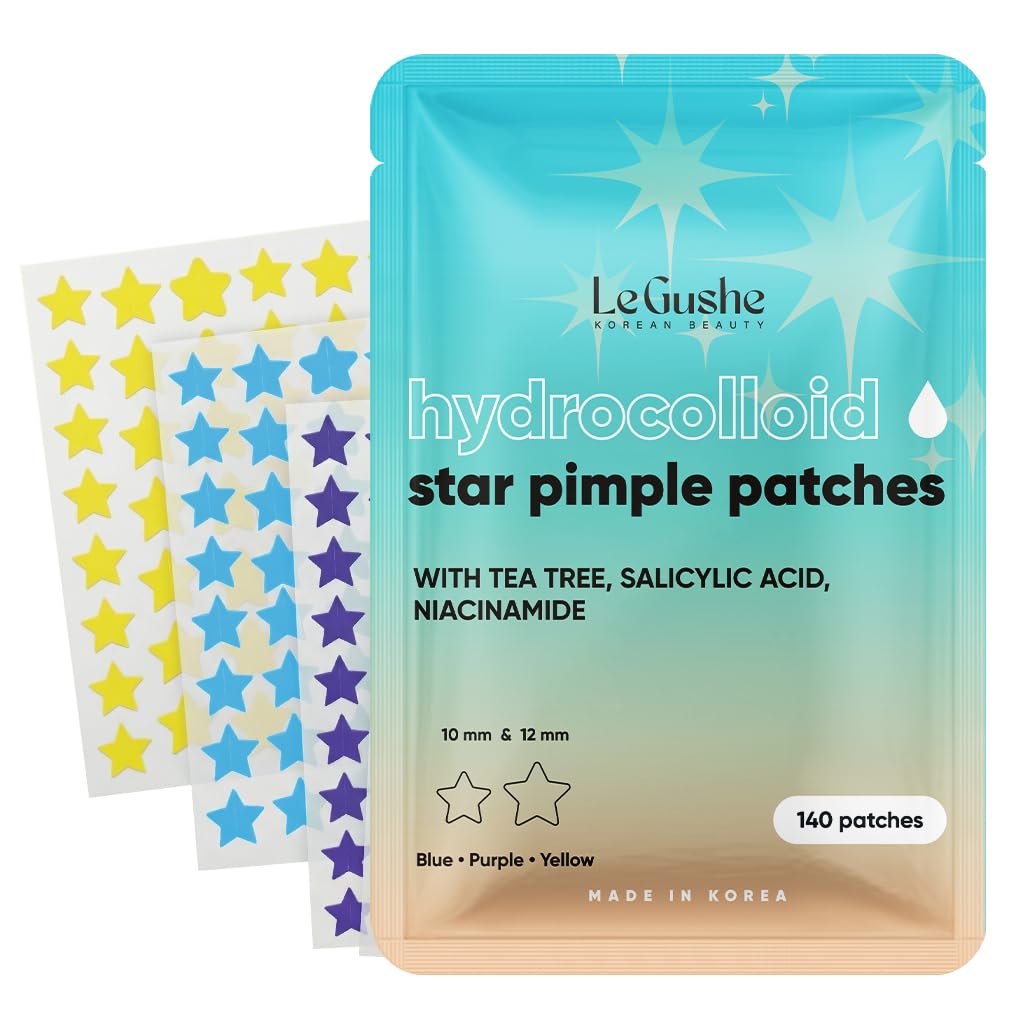 LE GUSHE front packaging showing 140 colorful star patches and ingredient highlights