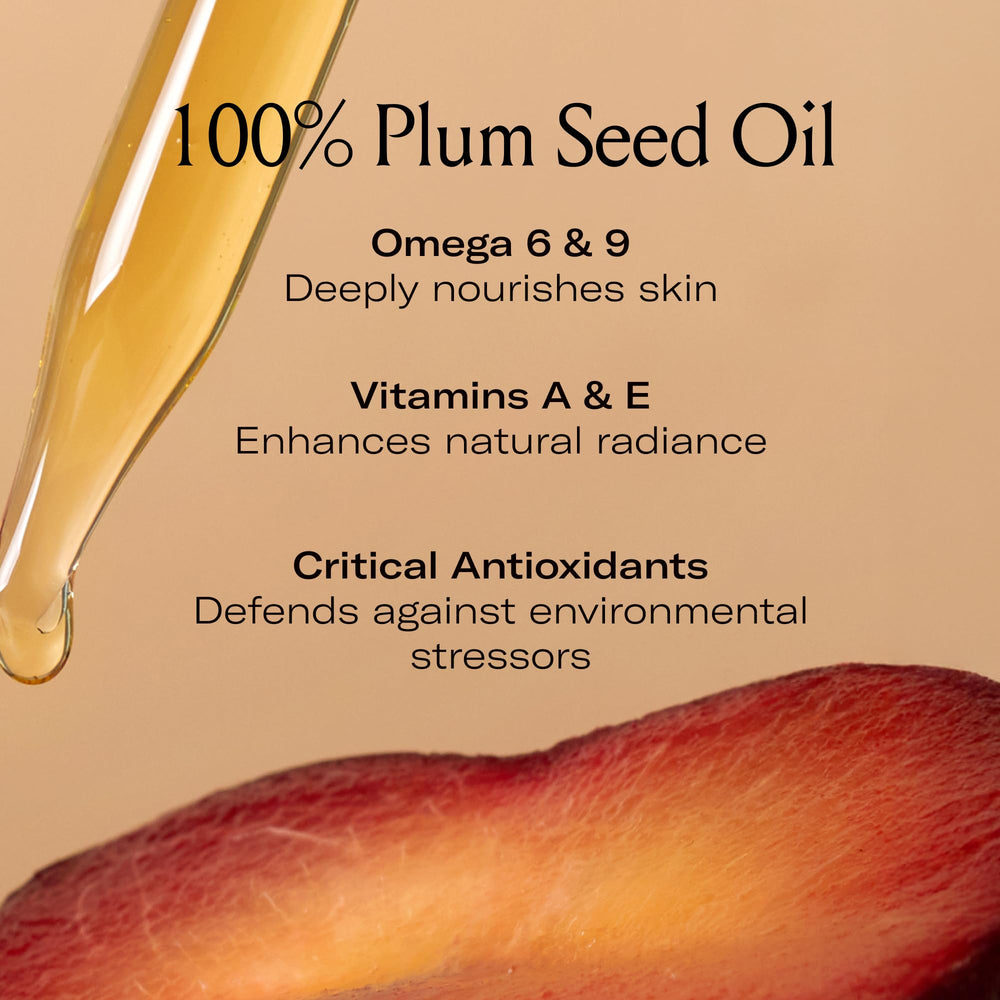 Close-up plums and leaves with Le Prunier highlighting antioxidant ingredients
