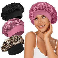 LEADUWAY front view of three satin bonnets shows protective coverage and color options