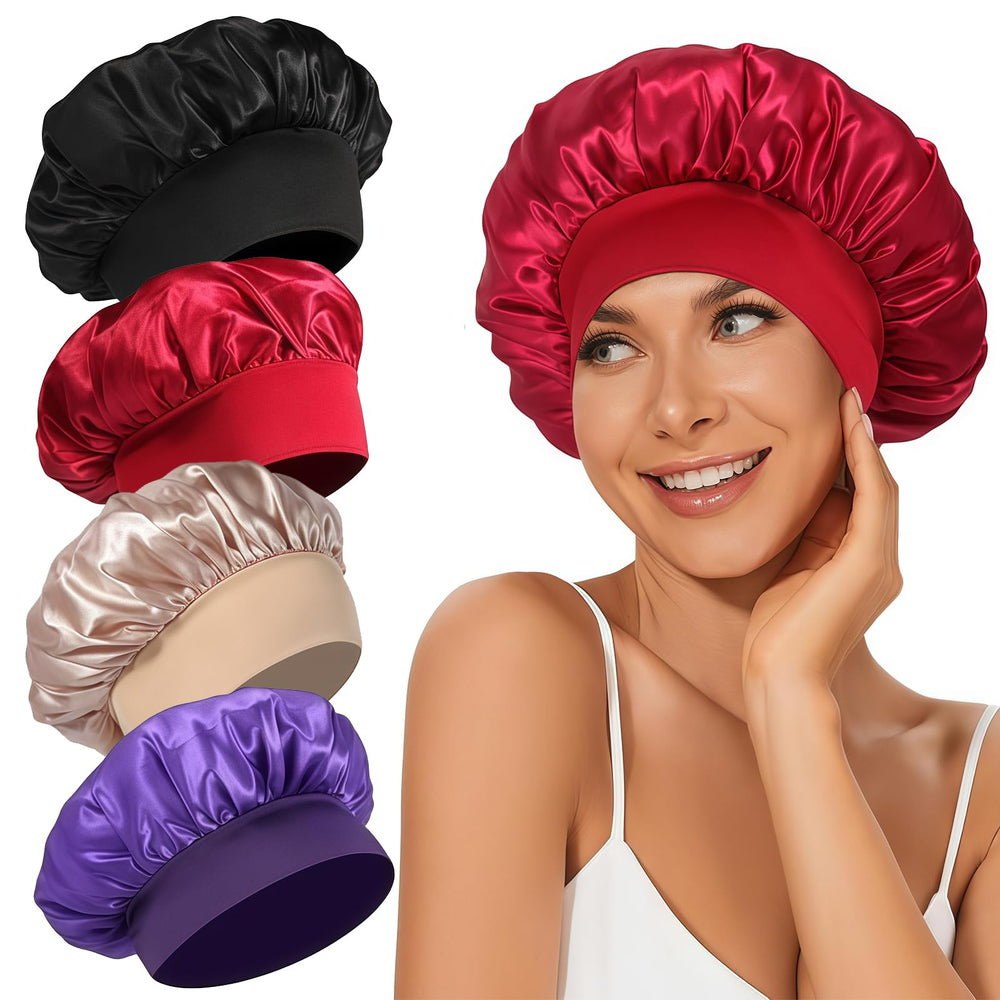 LEADUWAY front view of four-pack satin bonnets showing colors and packaging, protects hair
