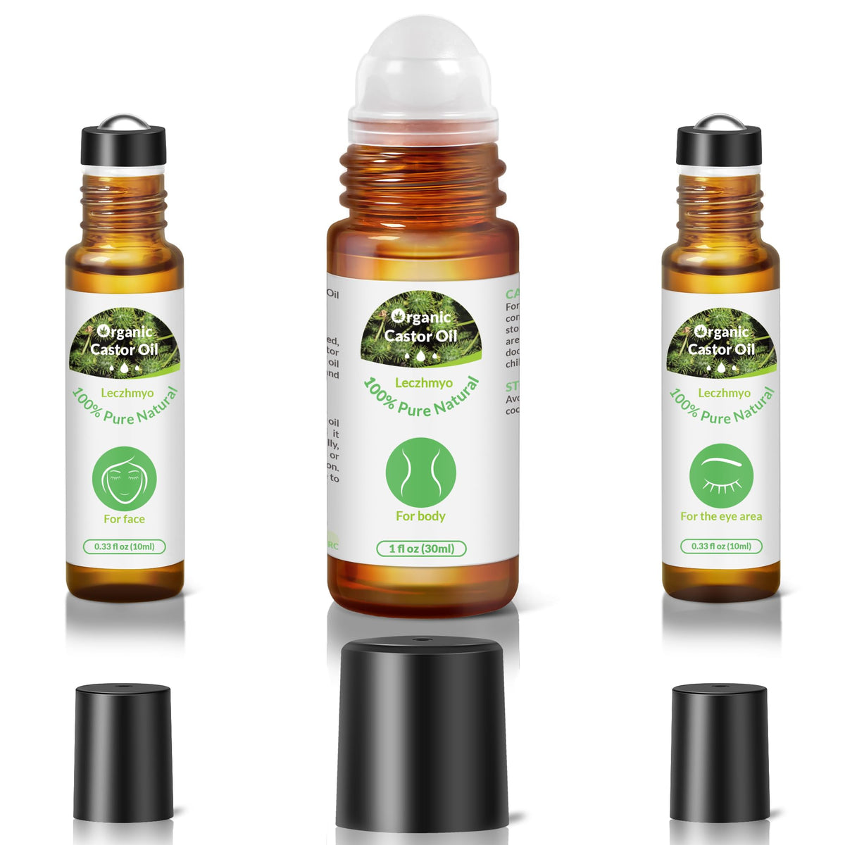 Leczhmyo front packaging showing three amber glass rollers, neat and compact
