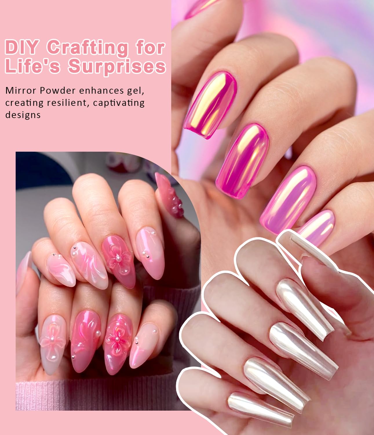 Hand with LEDSUUEI chrome nails showcasing reflective mirror finish benefit
