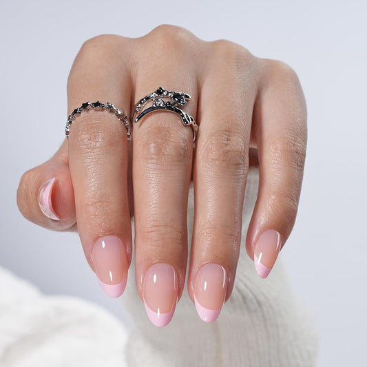 Leefrei front packaging showing pink almond press-on nails and included tools for quick application