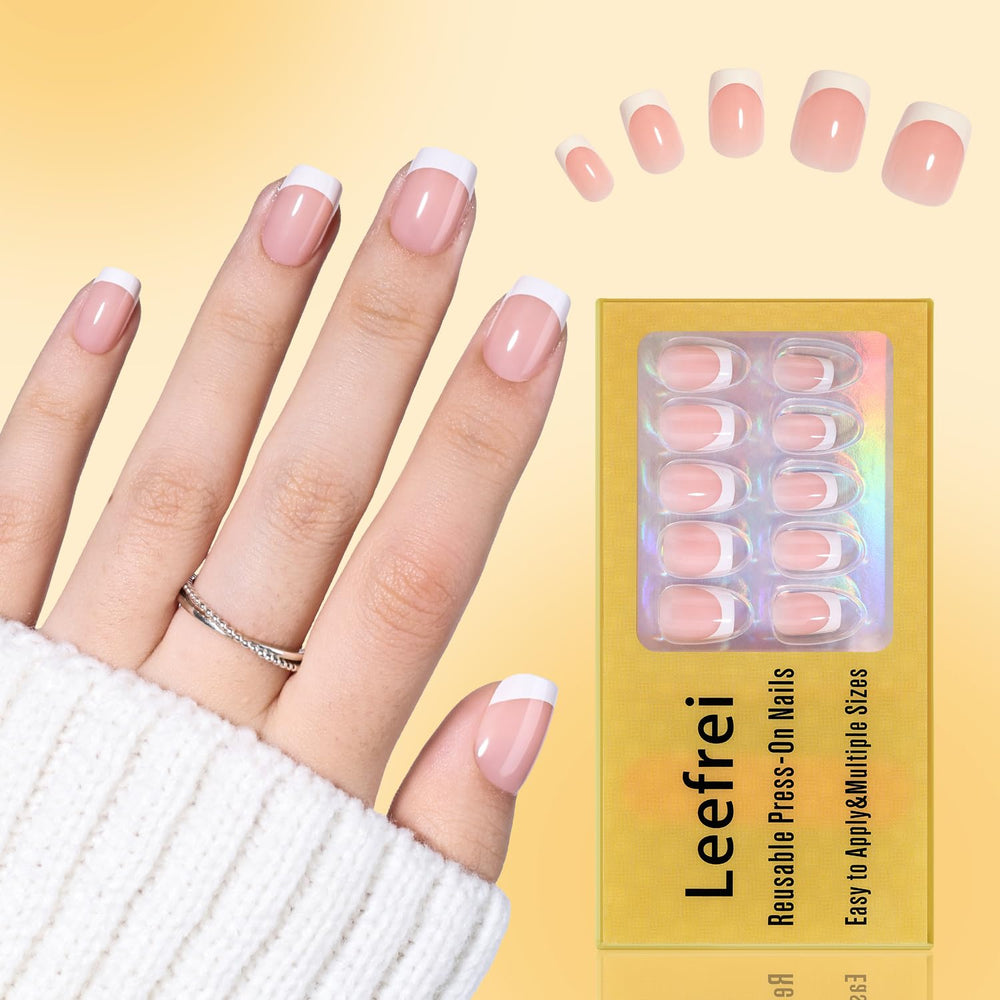 Leefrei short square nails worn on hand demonstrating comfortable wear