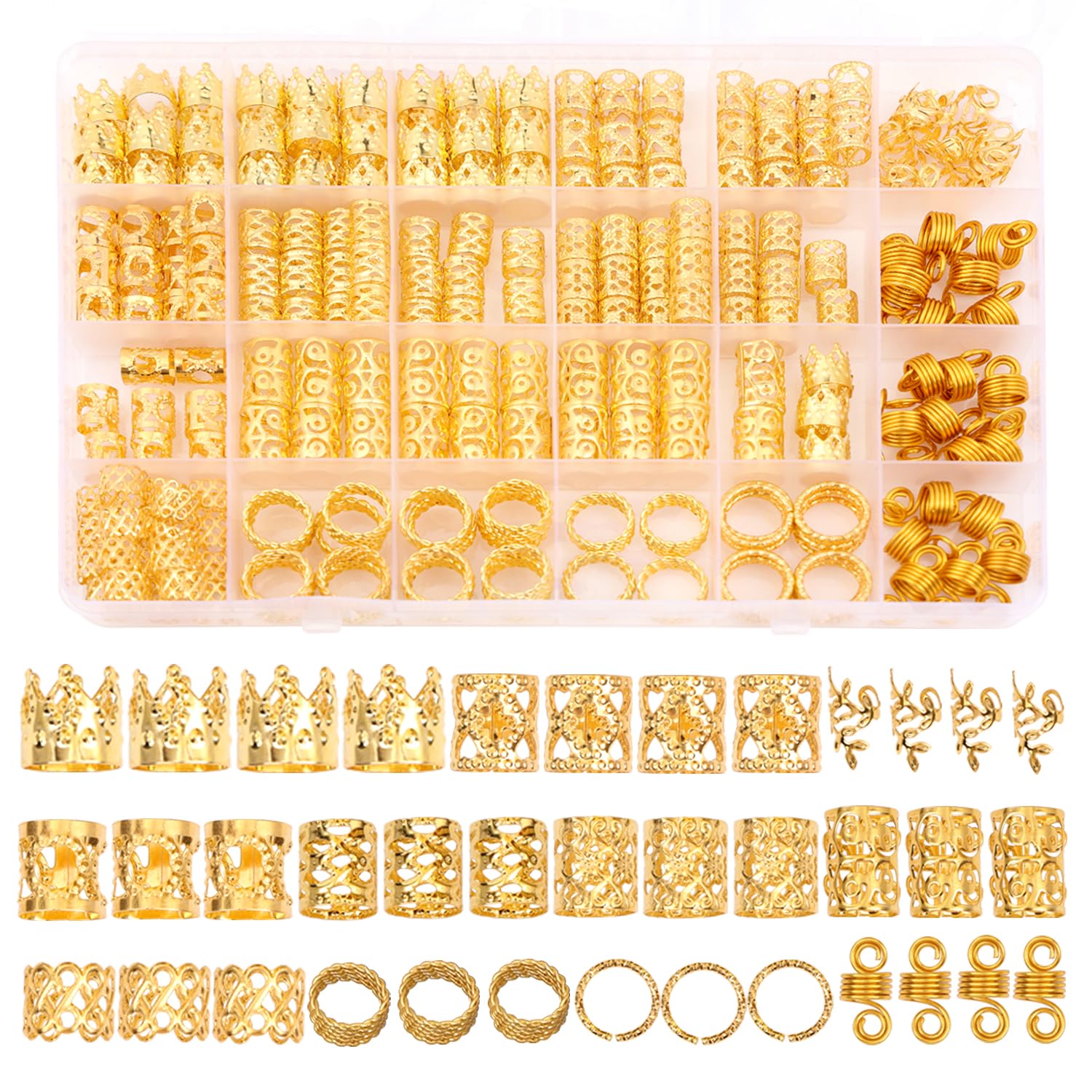 Leeven front packaging showing 220 gold hair jewelry pieces and variety